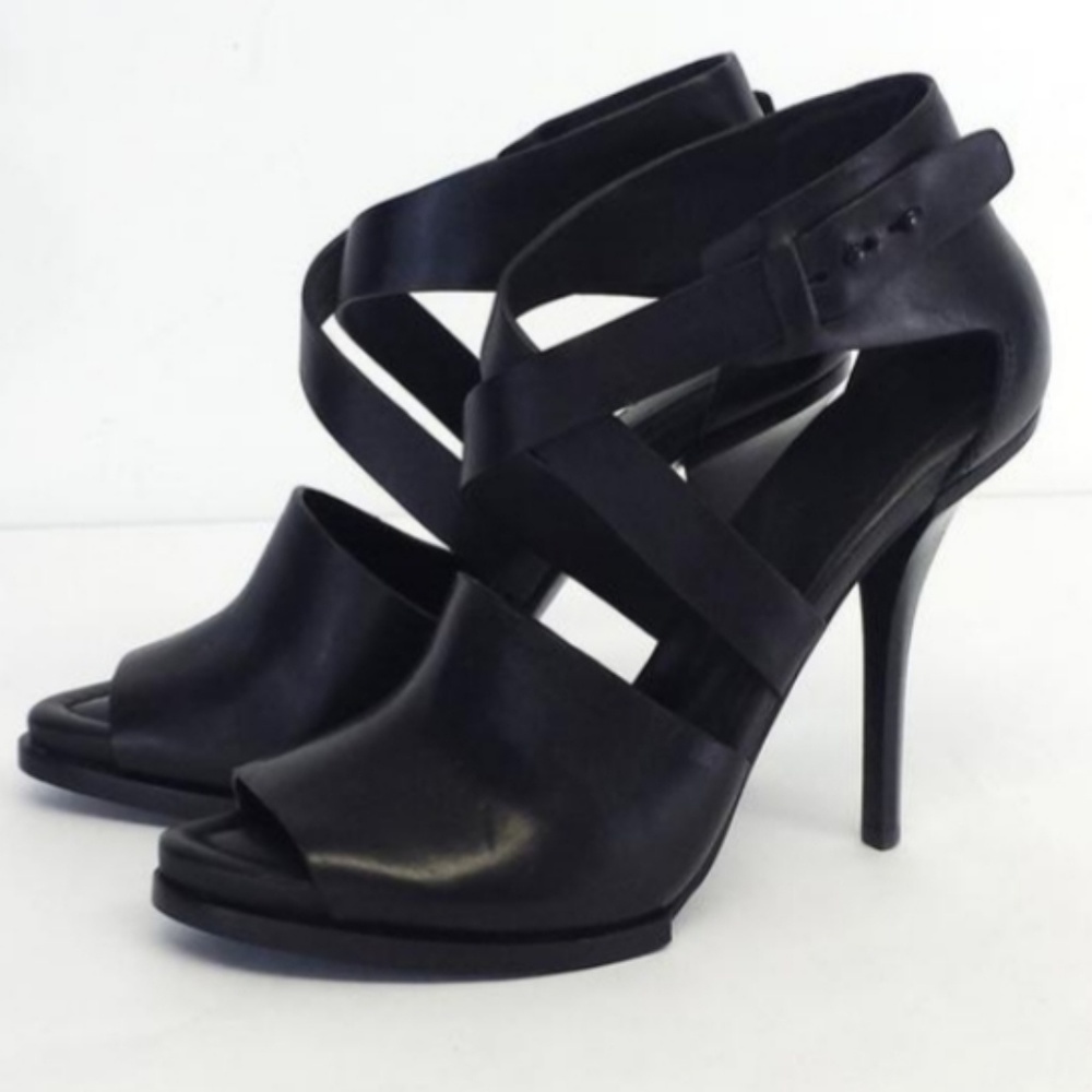 Delphine Black Leather Peep Sandals Size 6(EU 36)